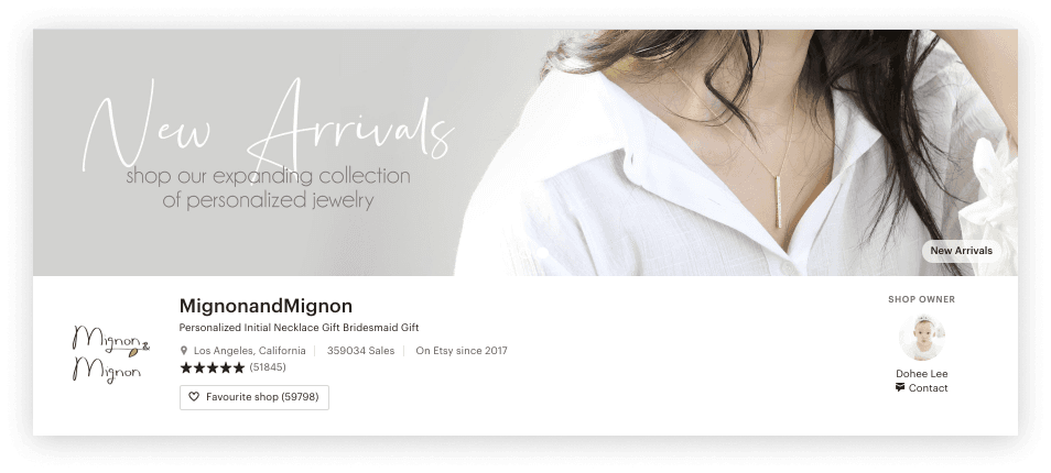 MignonandMignon jewelry shop showing its branding, sales count, and customer reviews