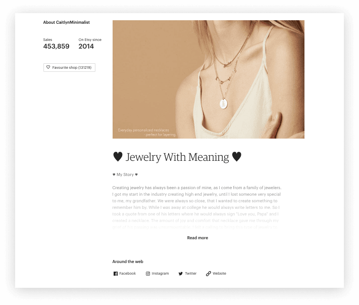 CaitlynMinimalist About section featuring the maker’s story and personalized necklaces