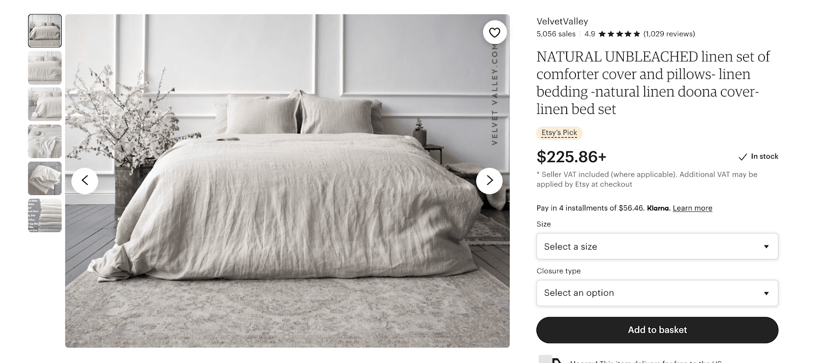 Linen bedding listing with descriptive keywords at the start of its title