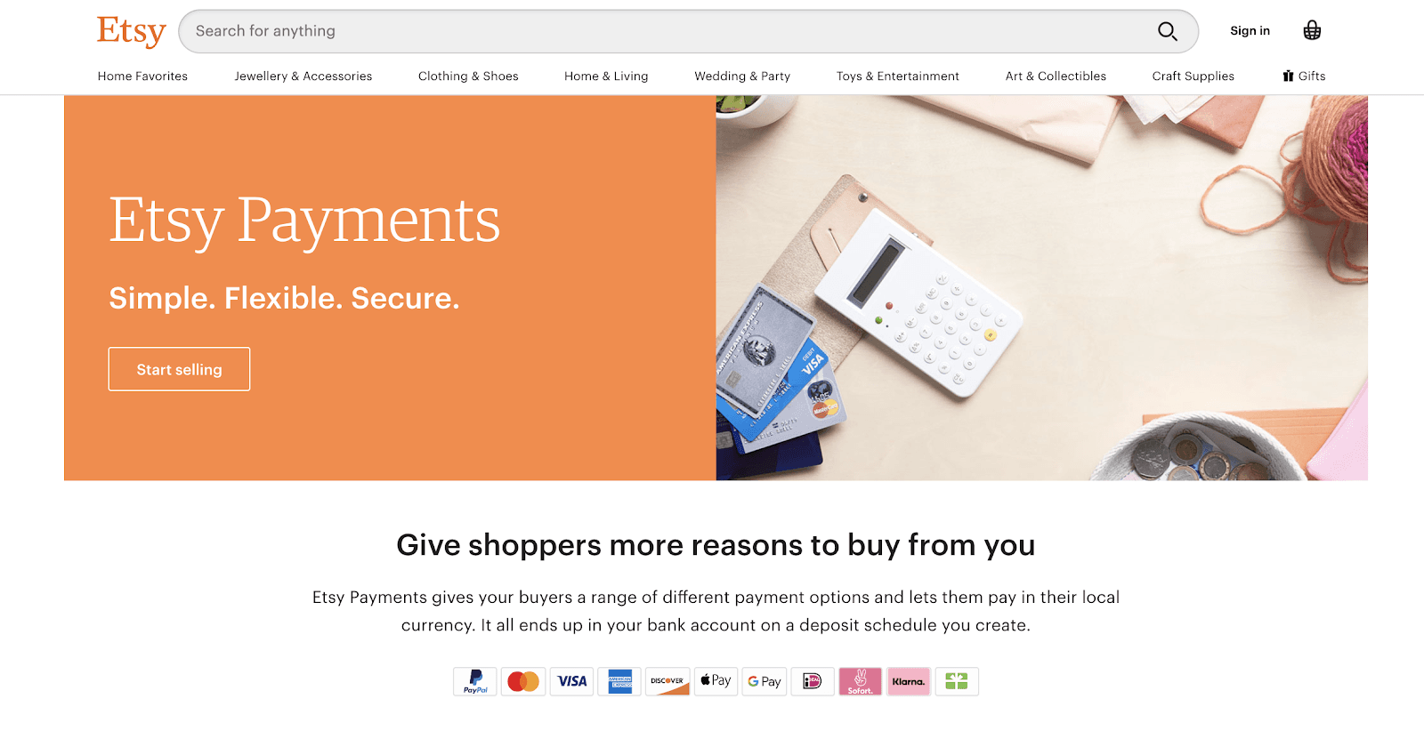 Etsy Payments page displaying supported cards, digital wallets, and payment services