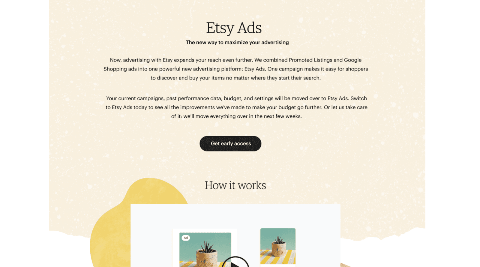 Etsy Ads introduction explaining combined promoted listings and Google Shopping campaigns