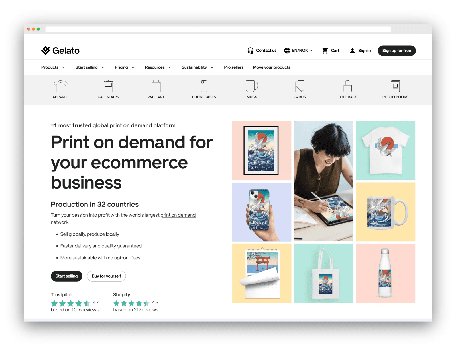 Gelato homepage displaying custom apparel, wall art, mugs, and other printable products