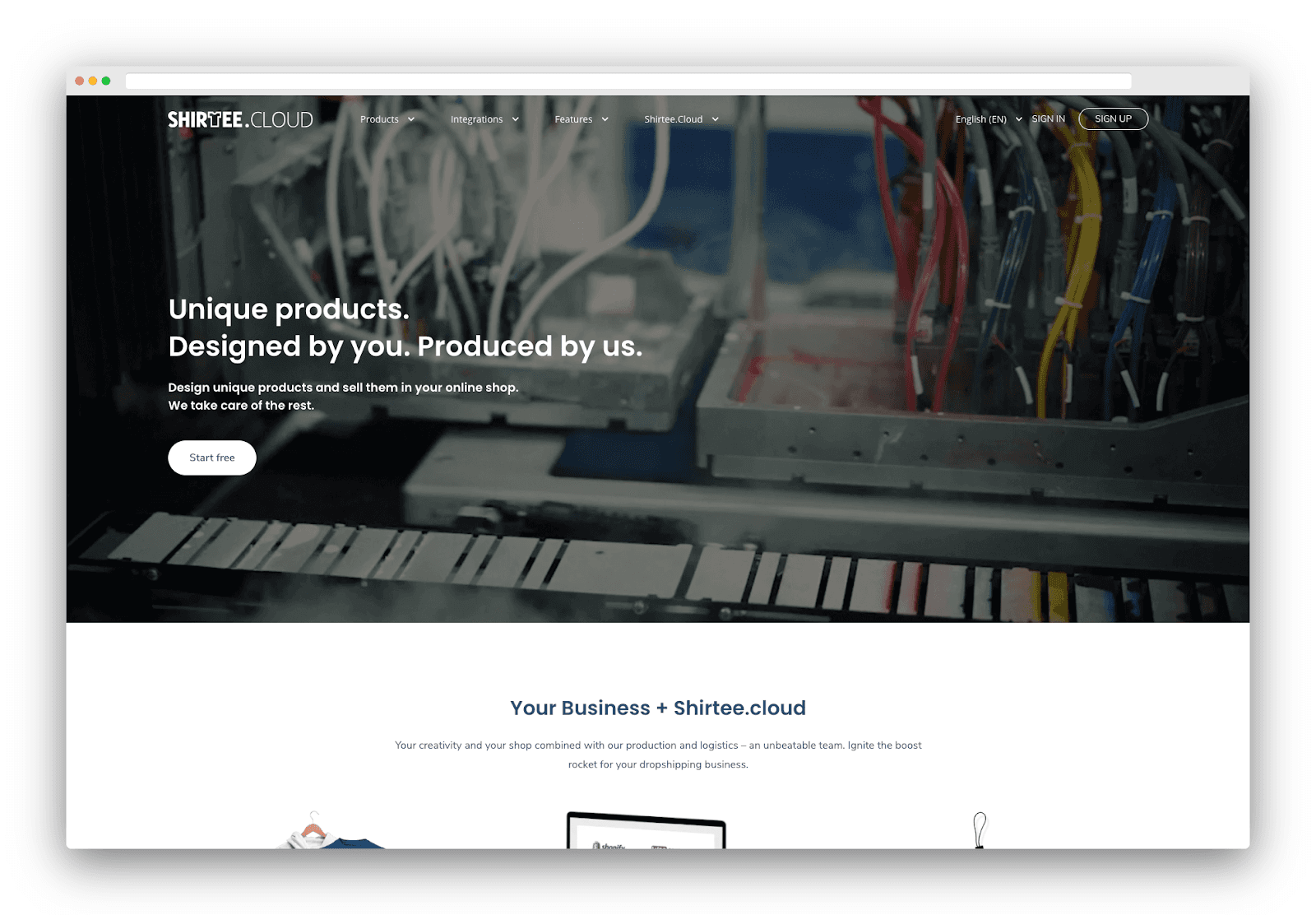 Shirtee Cloud homepage featuring printing equipment and production services for online shops