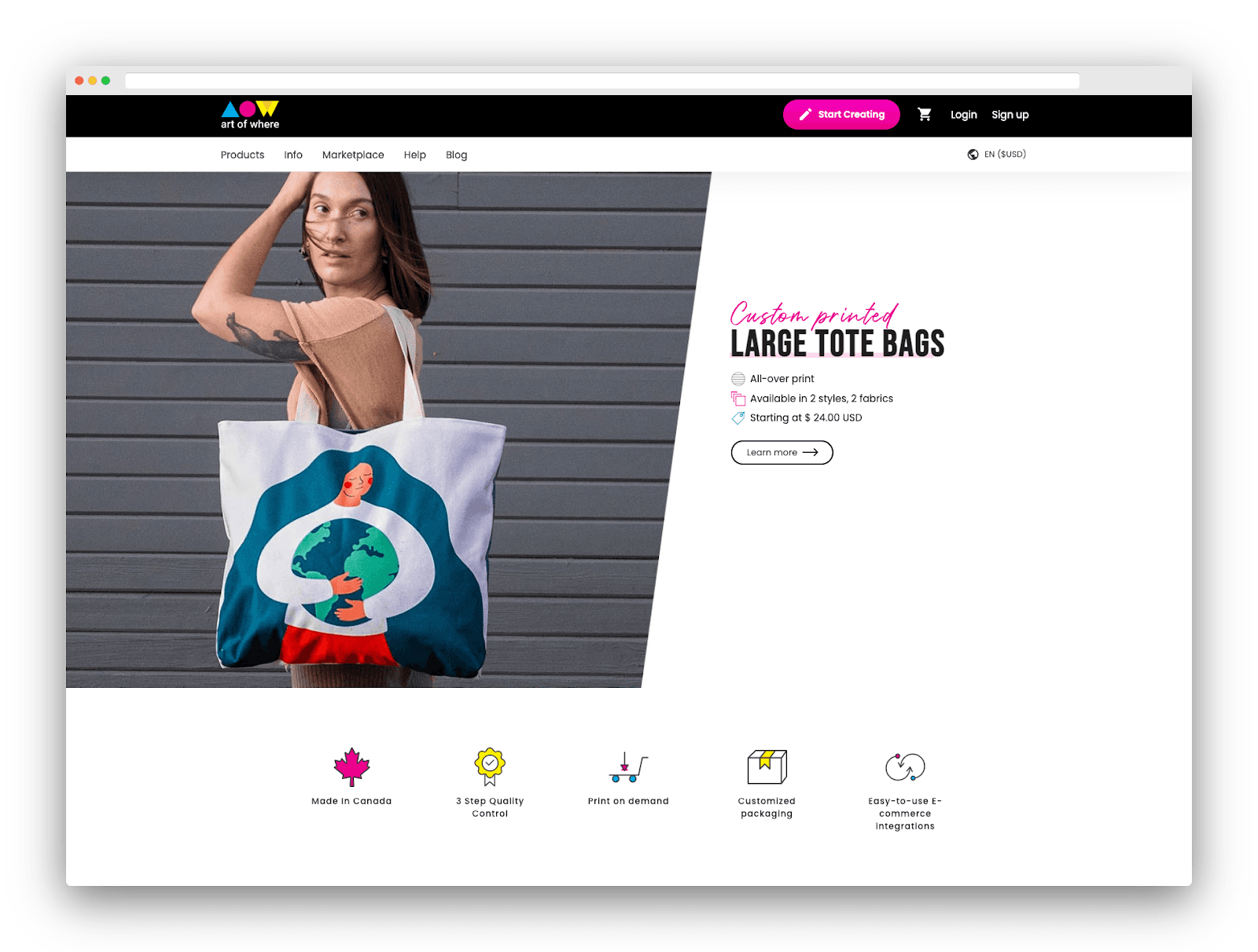 Art of Where homepage featuring a custom printed tote bag and packaging options
