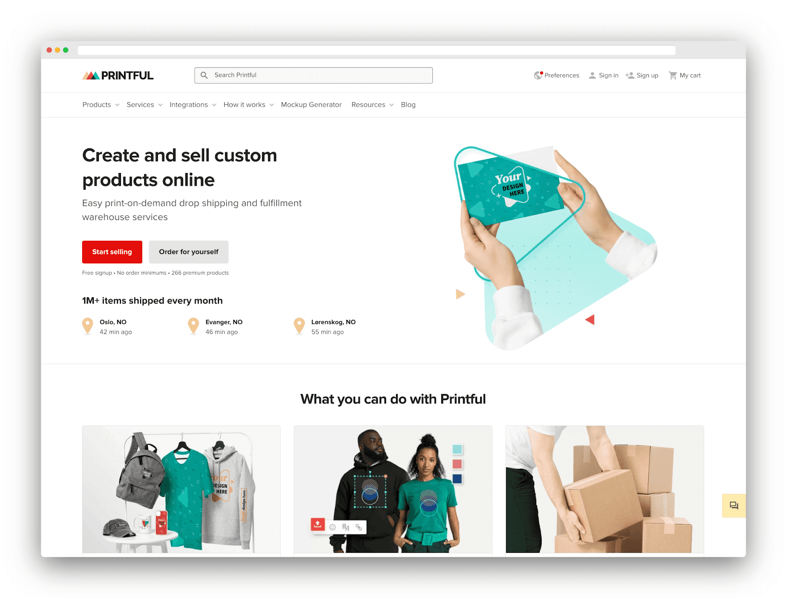 Printful homepage presenting custom products, apparel design, and order fulfillment services