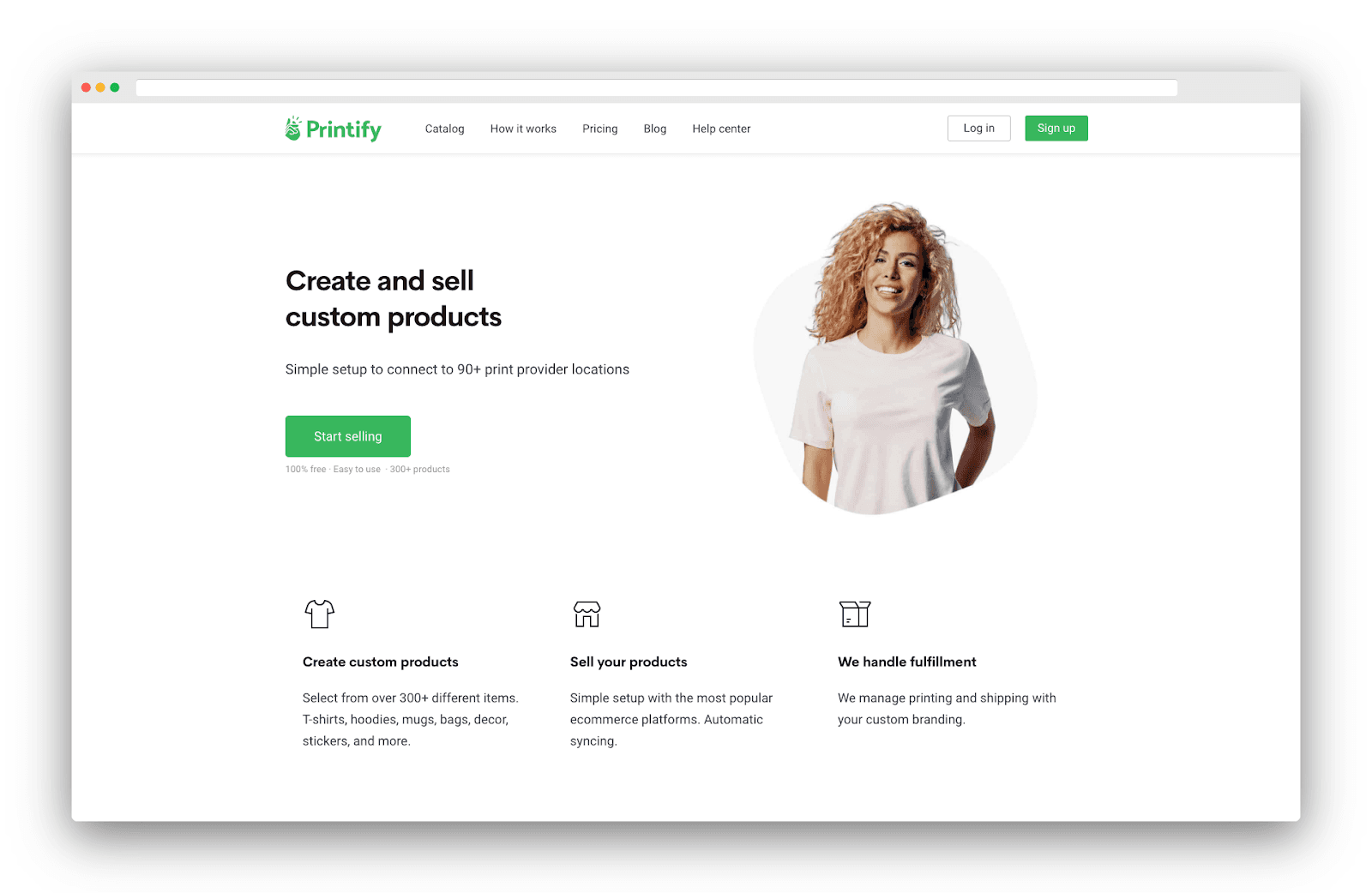 Printify homepage outlining product creation, online selling, and print fulfillment
