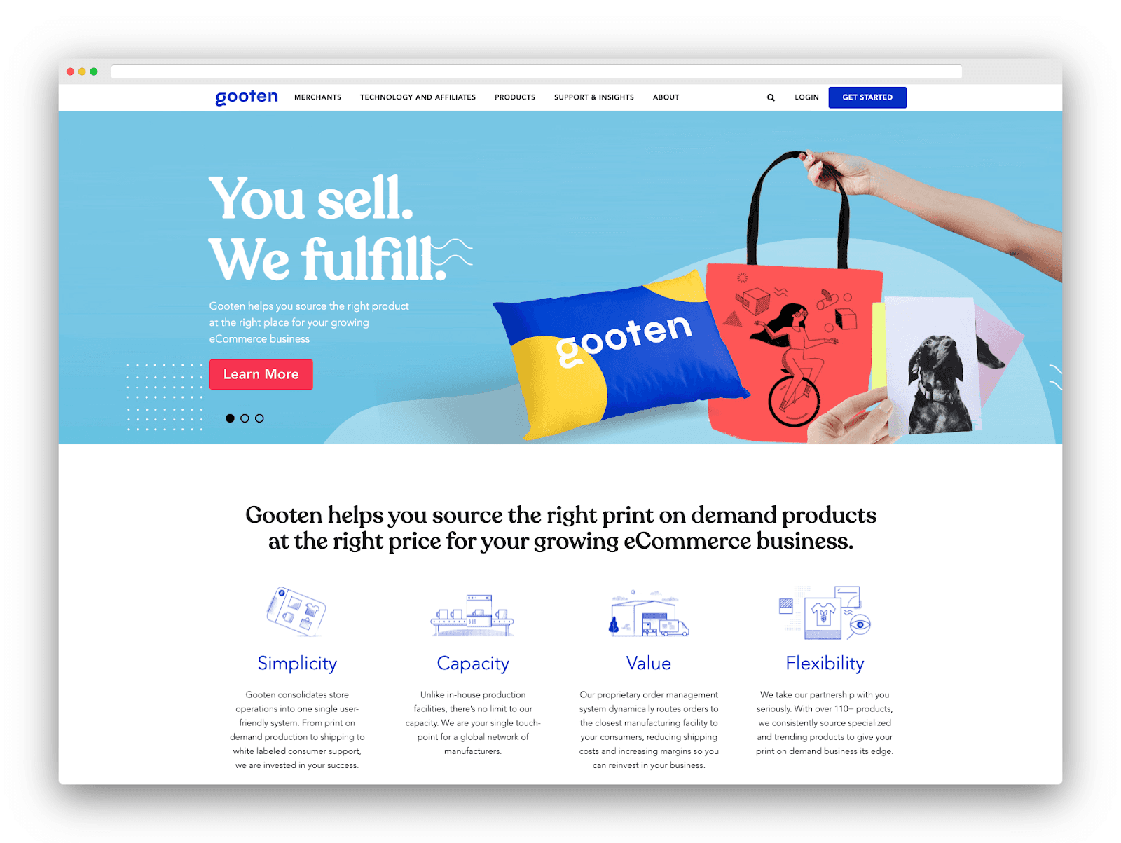 Gooten homepage featuring printed pillows, tote bags, and fulfillment benefits