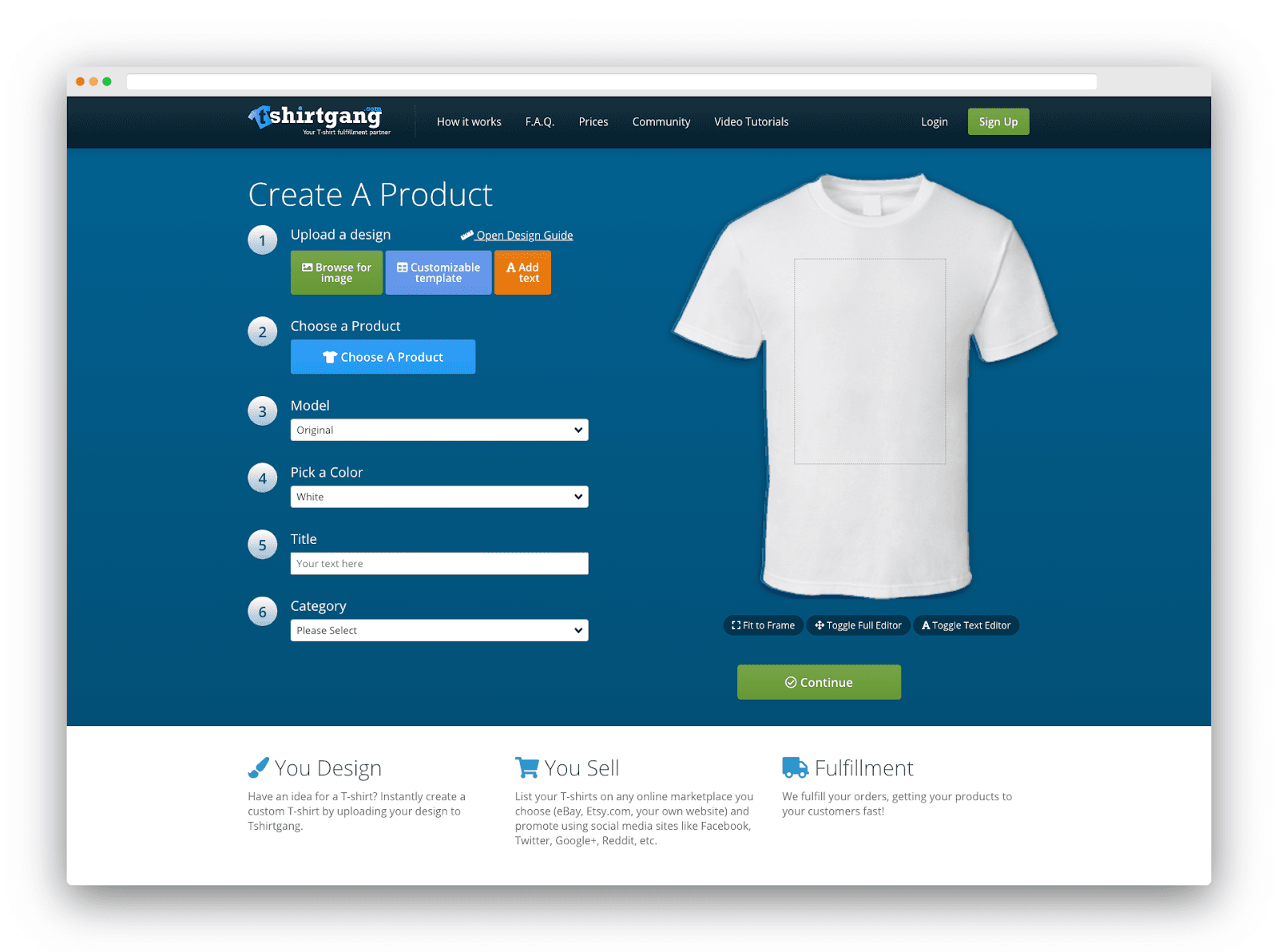 T-Shirt Gang product editor with design upload, shirt color, and category controls