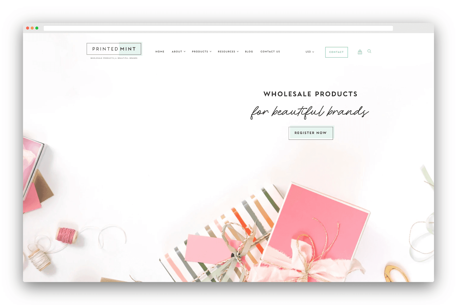 Printed Mint homepage featuring gift packaging and wholesale product registration