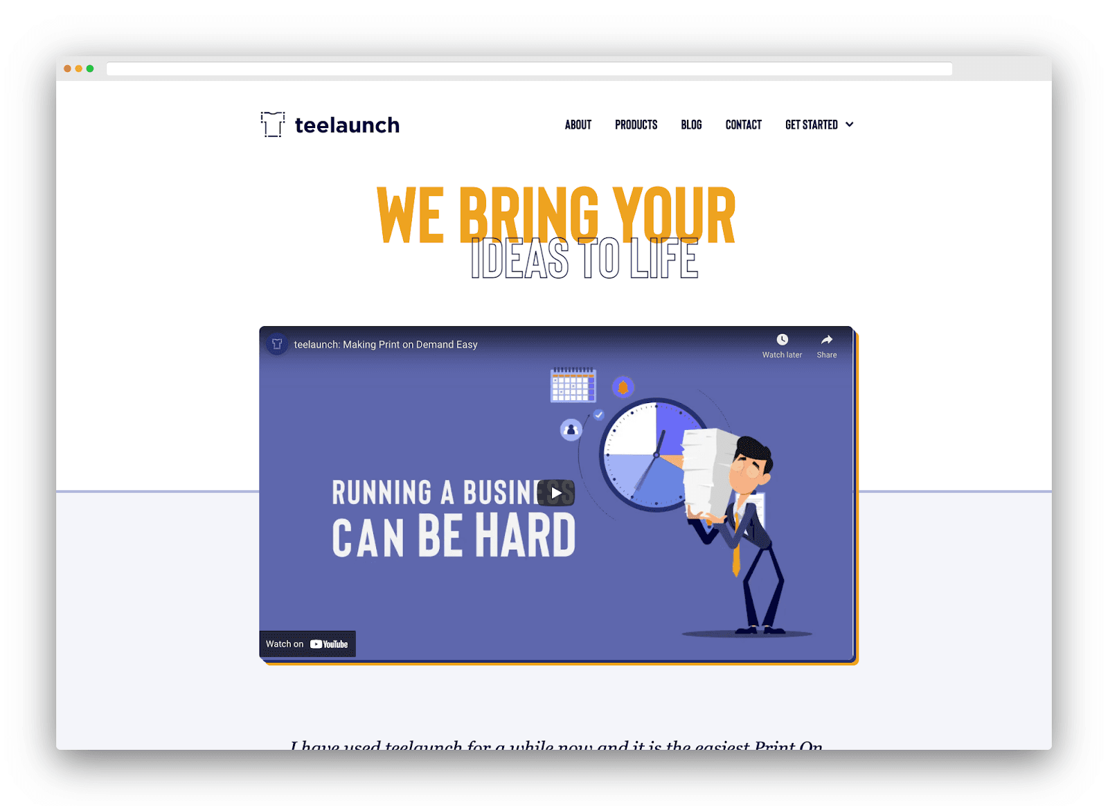 Teelaunch homepage with an introductory video about its print on demand service