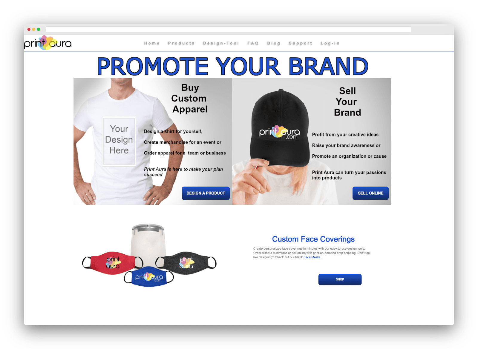 Print Aura homepage offering custom apparel design and branded merchandise sales