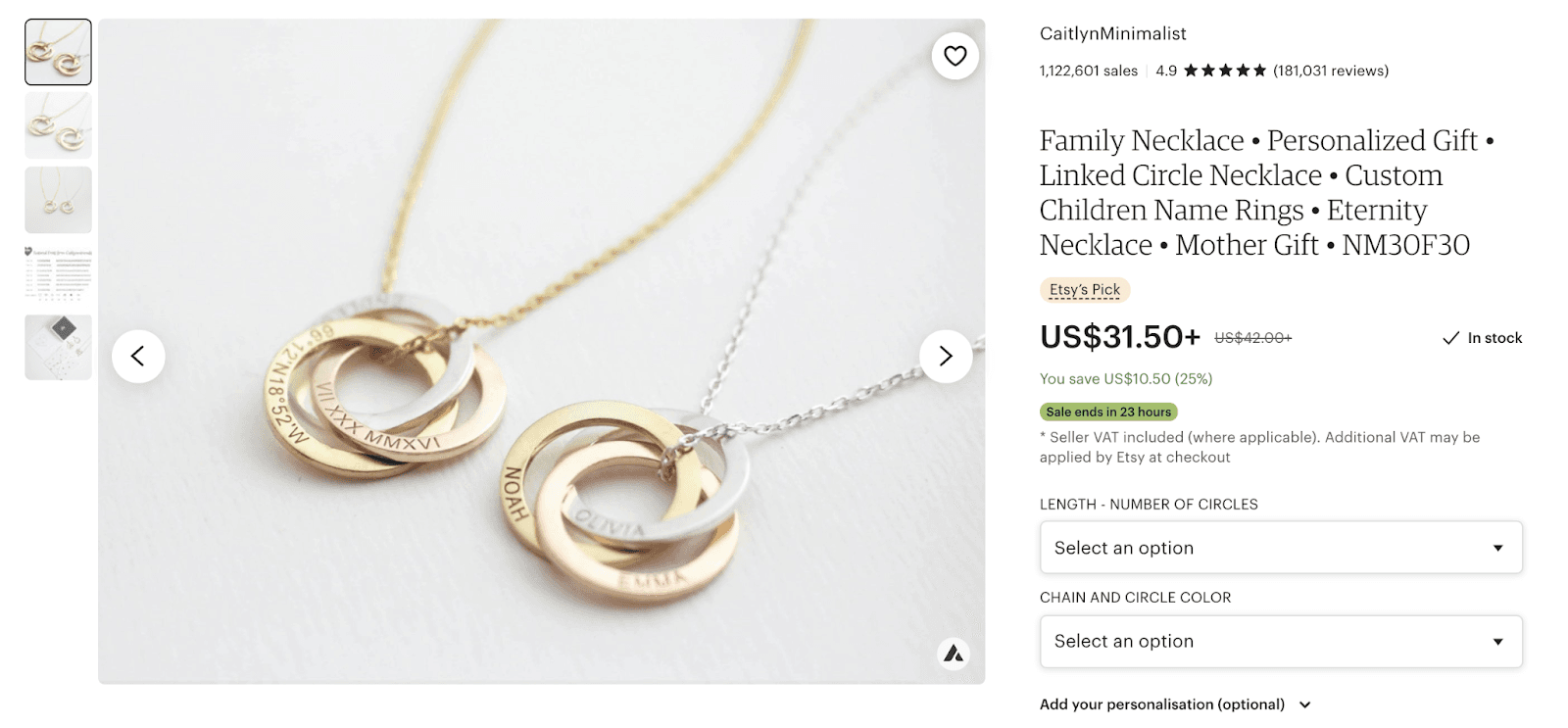 CaitlynMinimalist listing featuring personalized family necklaces with linked engraved circles