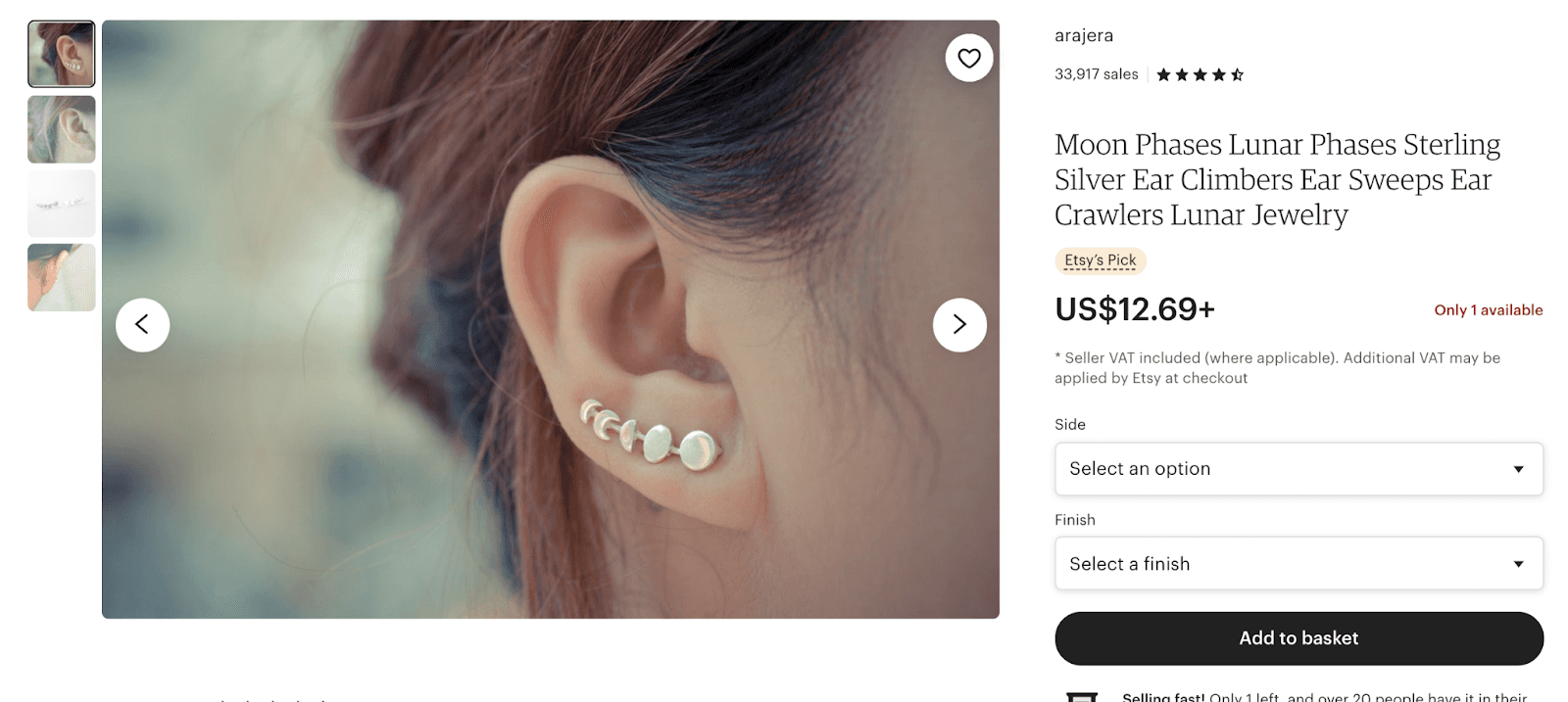 Arajera listing showing silver moon phase ear climbers worn along an earlobe