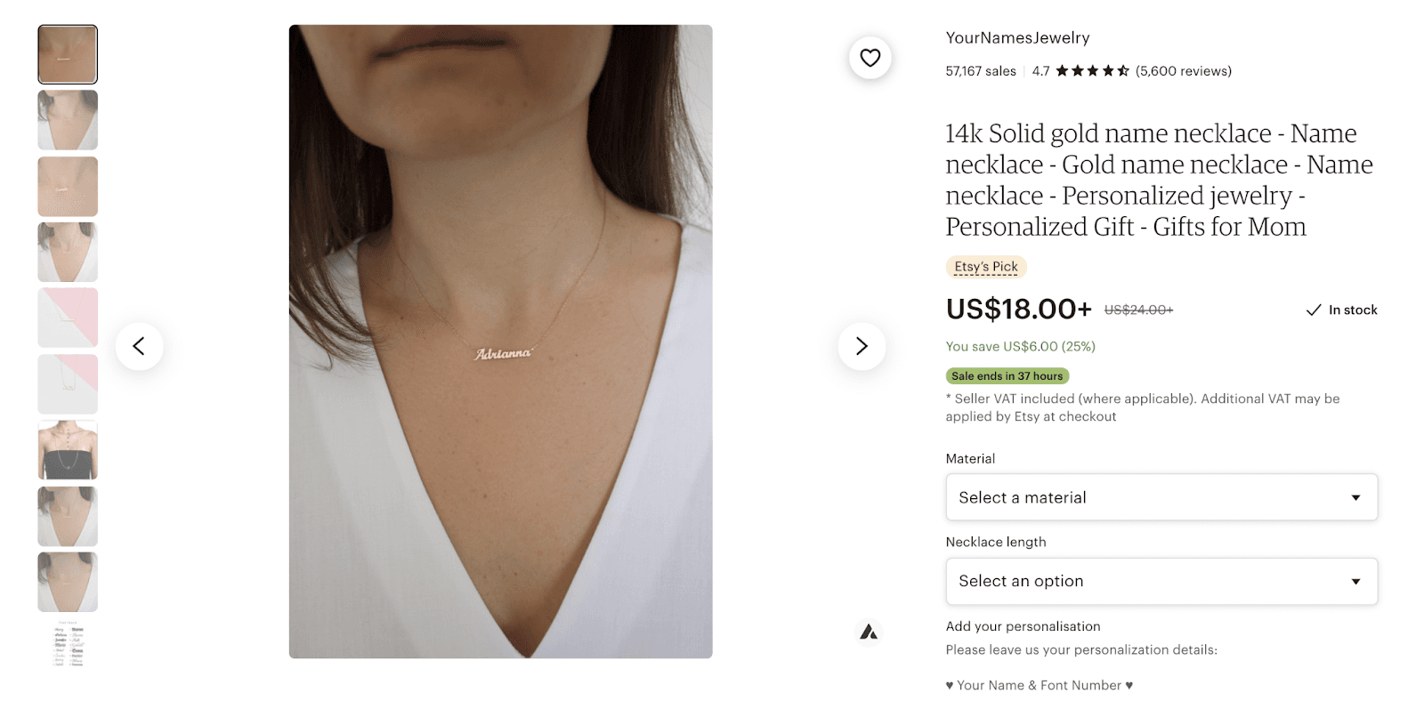 YourNamesJewelry listing showing a model wearing a personalized gold name necklace