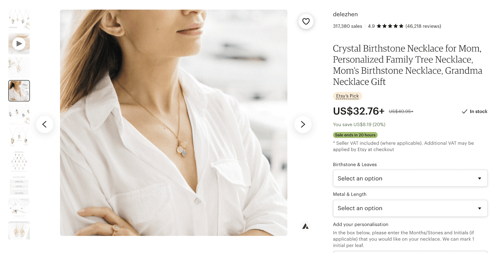 Delezhen listing showing a birthstone necklace with customizable stones and leaves