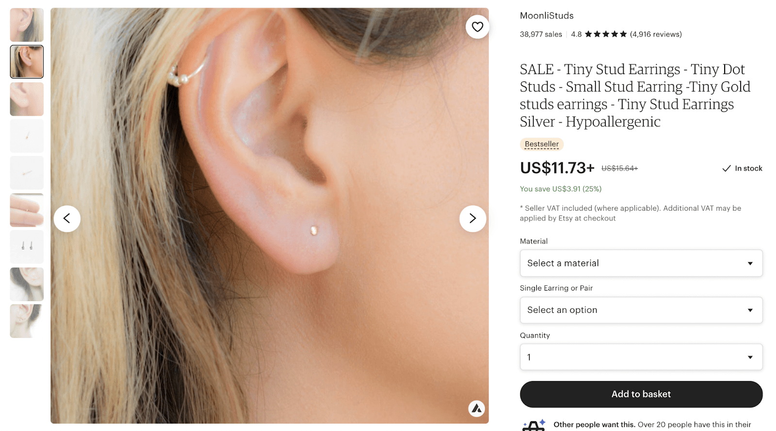 MoonliStuds listing showing a tiny gold stud earring worn on an ear