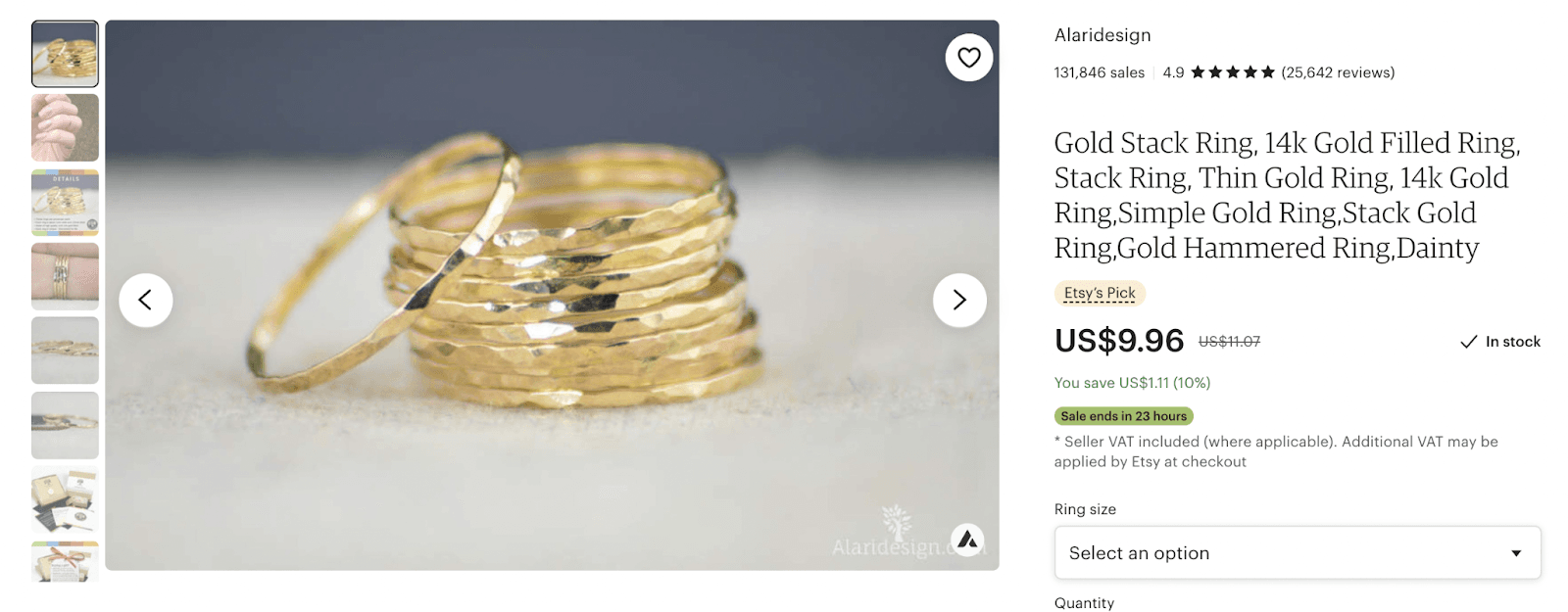 Alaridesign listing featuring stacked hammered gold rings with selectable sizes