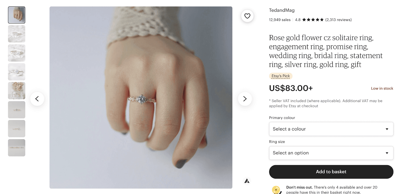 TedandMag listing showing a rose gold solitaire ring worn on a hand