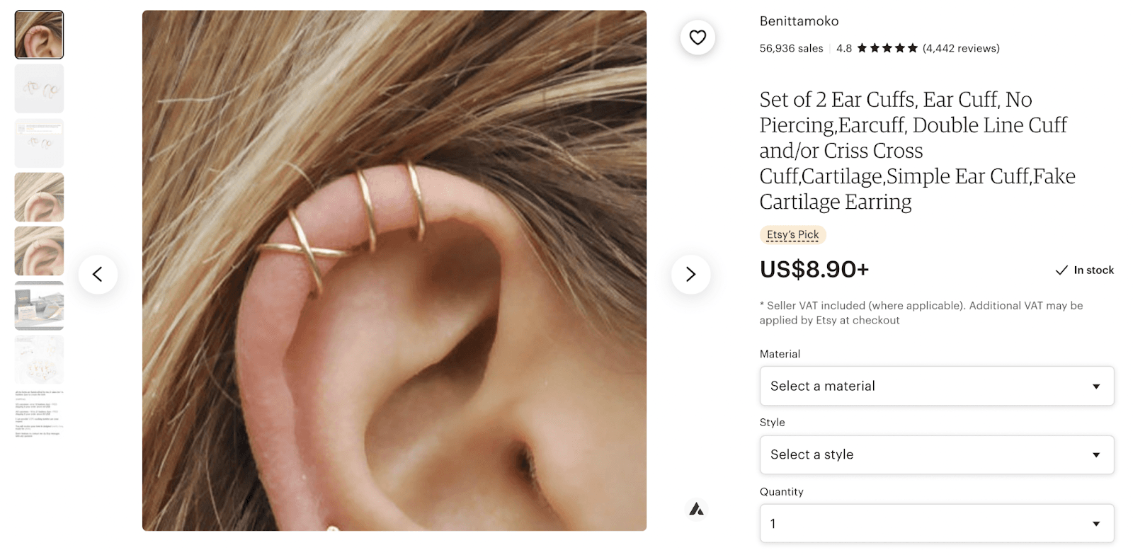 Benittamoko listing showing crisscross and double line ear cuffs without piercings