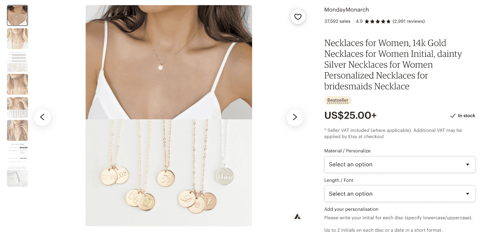 MondayMonarch listing featuring personalized initial disc necklaces in different metal finishes