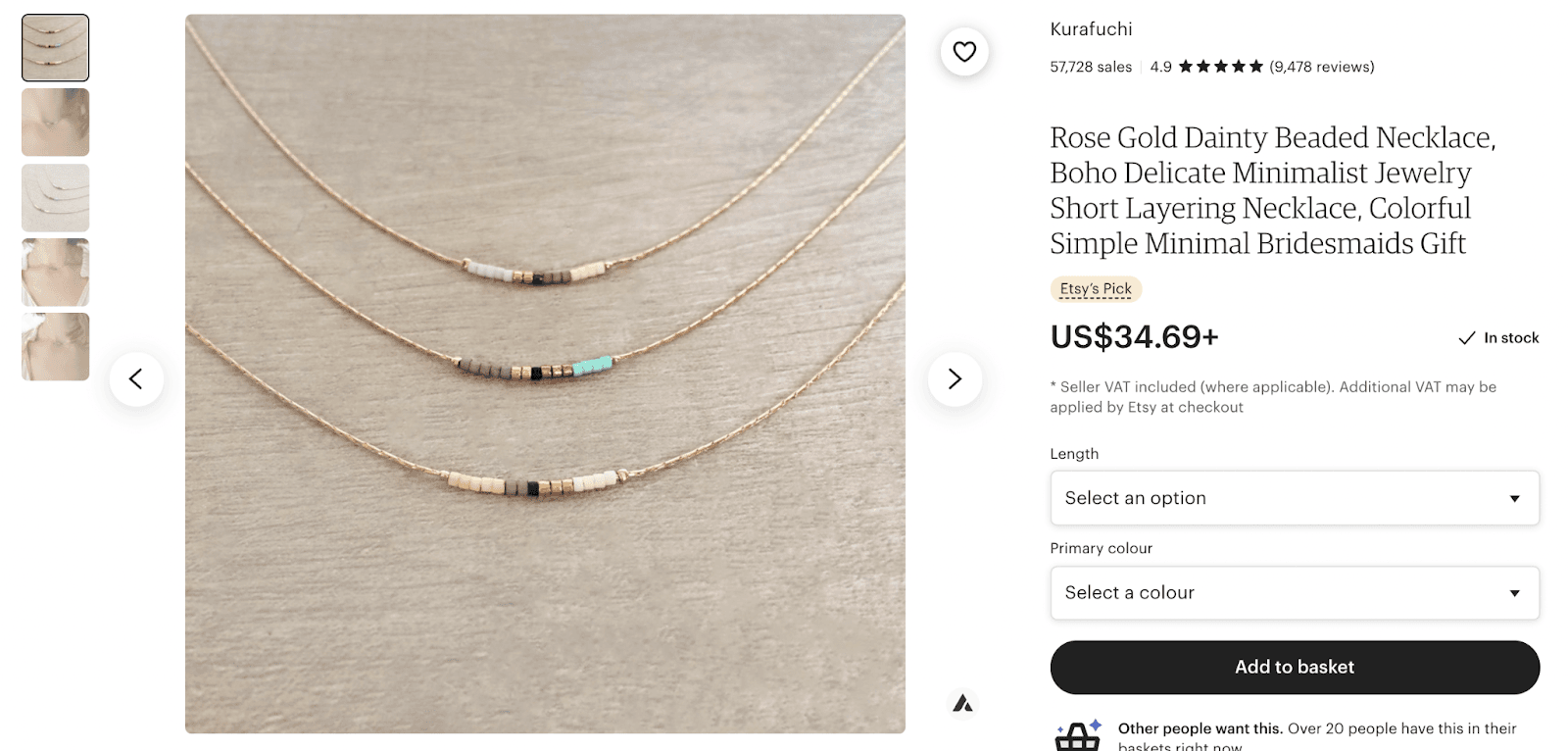 Kurafuchi listing featuring delicate necklaces with rows of colorful beads