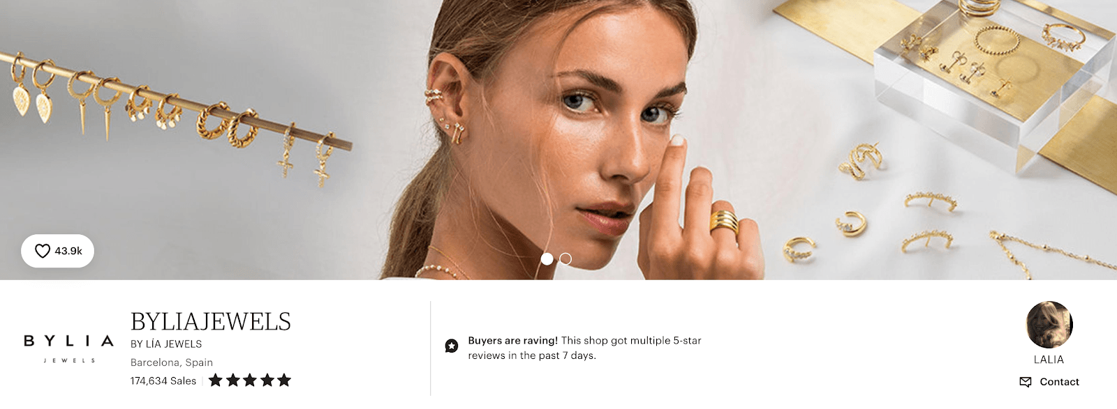 BYLIAJEWELS shop banner highlighting recent five-star reviews and its jewelry collection