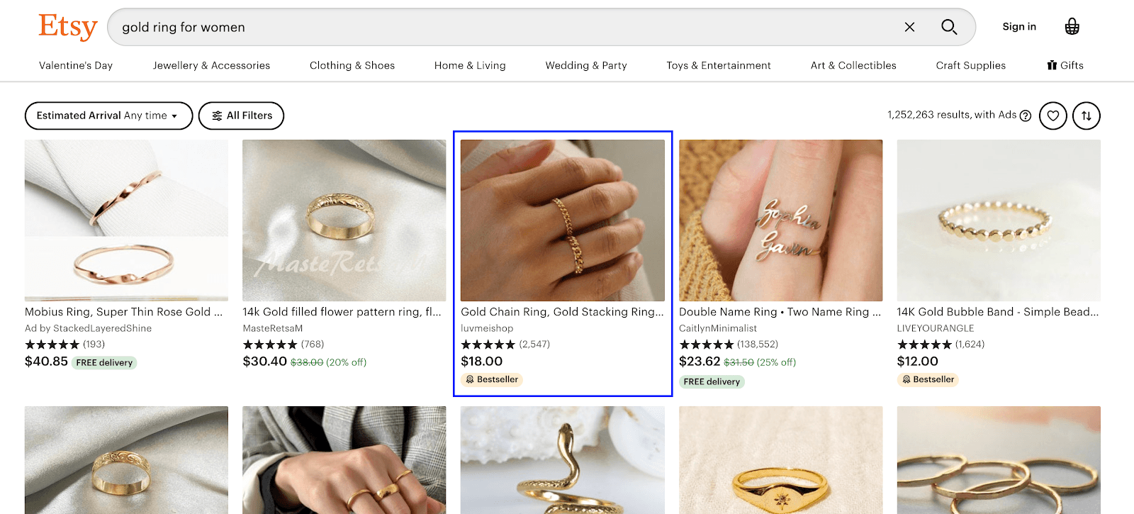 Etsy gold ring results with a bestselling chain ring listing outlined in blue