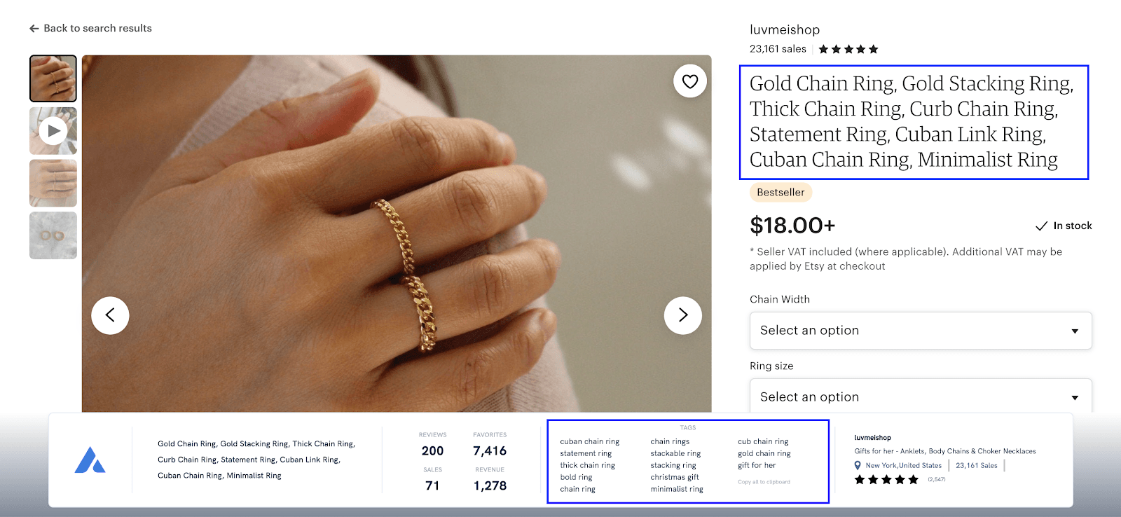 Gold chain ring listing with its title and Alura keyword tags highlighted