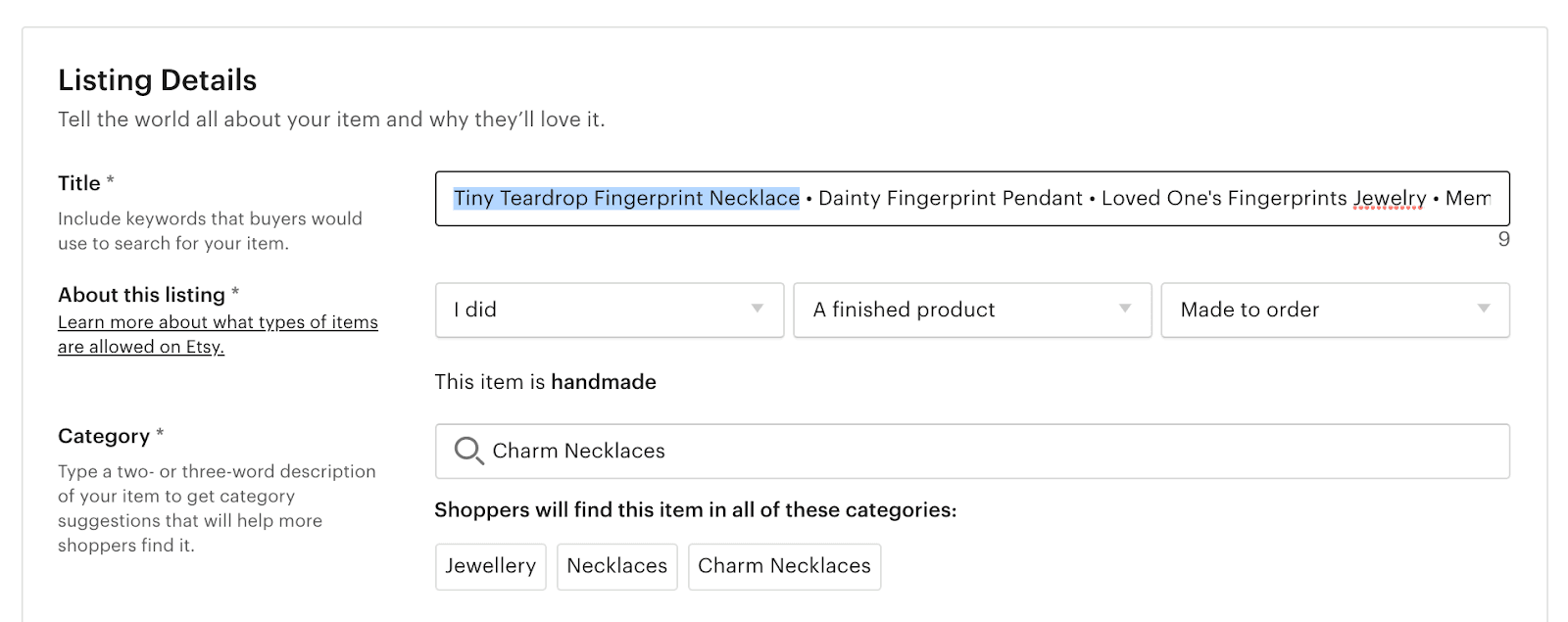 Etsy listing editor highlighting the focus phrase at the beginning of a necklace title
