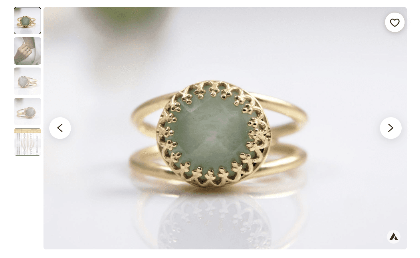 Etsy gallery showing a green gemstone ring from multiple angles and on a hand
