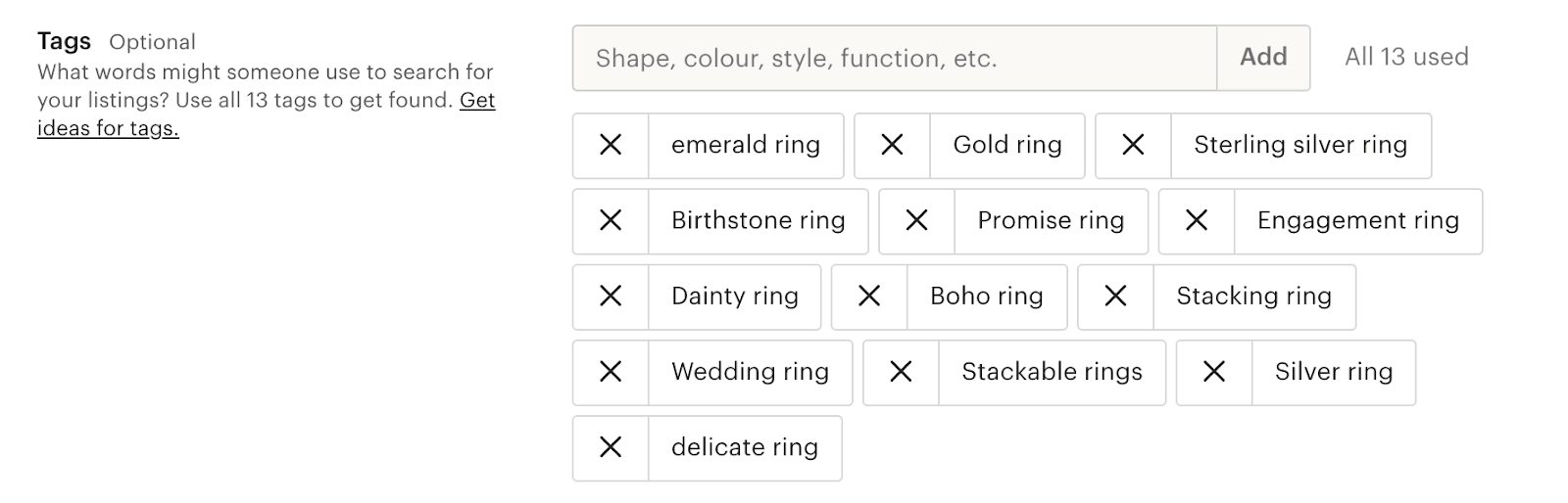 Etsy tag editor with all 13 slots filled by descriptive ring phrases