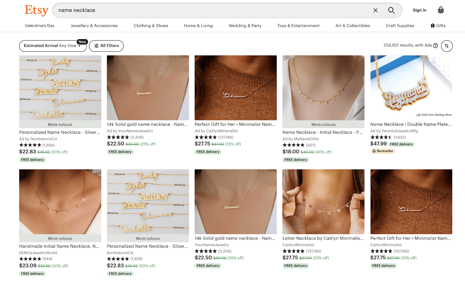 Etsy name necklace search results displaying free delivery badges on every visible listing