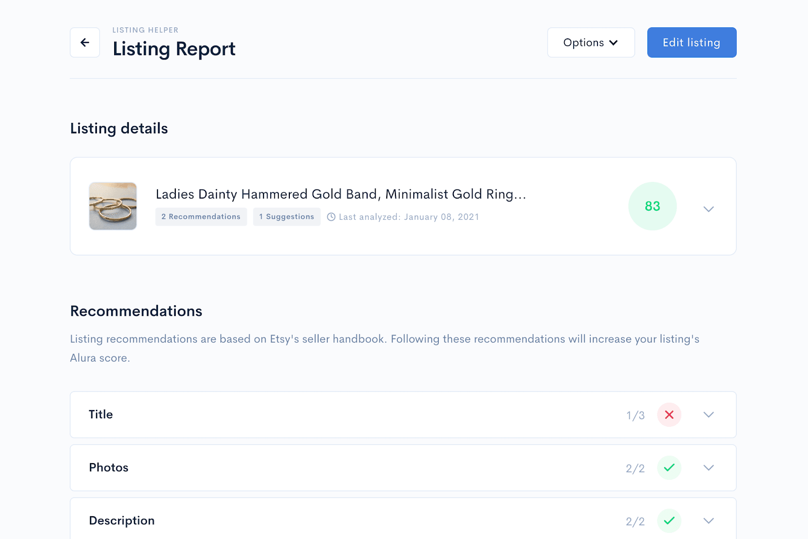 Alura listing report scoring a gold ring and flagging title improvements