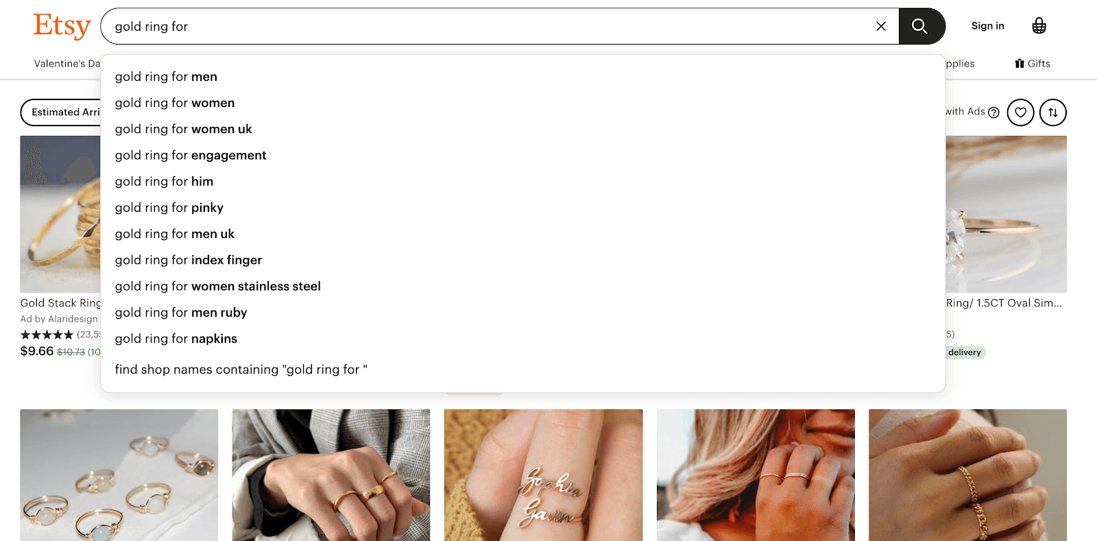 Etsy autocomplete suggesting more specific searches after typing gold ring for
