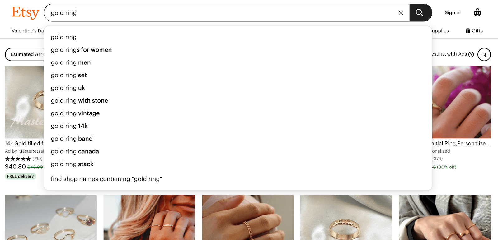 Etsy autocomplete suggesting gold ring keywords by style, material, and location