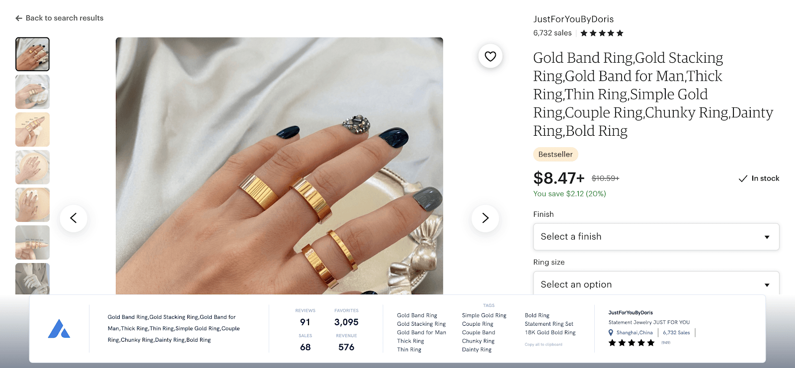 Alura extension revealing tags and sales metrics beneath a gold band ring listing