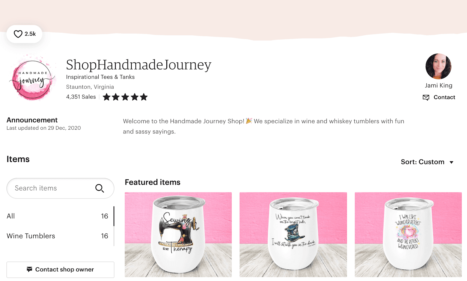 Jami King’s ShopHandmadeJourney storefront displaying illustrated tumblers and its sales count