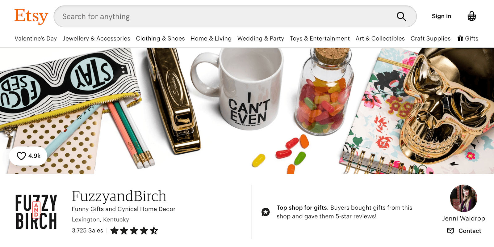 Jenni Waldrop’s FuzzyandBirch shop showcasing humorous gifts and a positive review badge