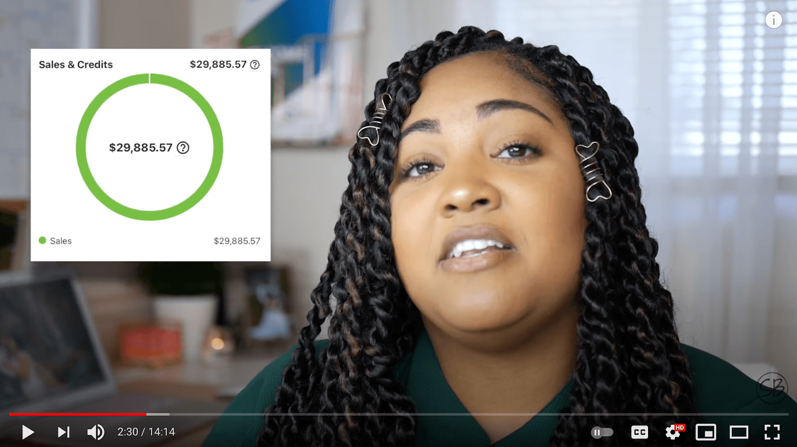 Shay Budgets video displaying first-year Etsy sales totaling $29,885.57