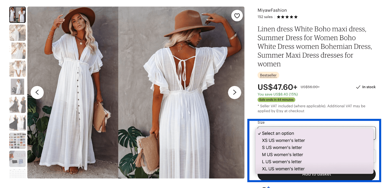 White linen dress listing with the size variation dropdown expanded
