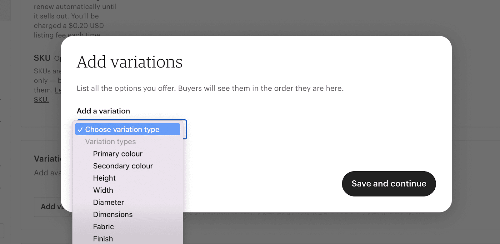 Etsy Add variations dialog showing available color, dimension, fabric, and finish options