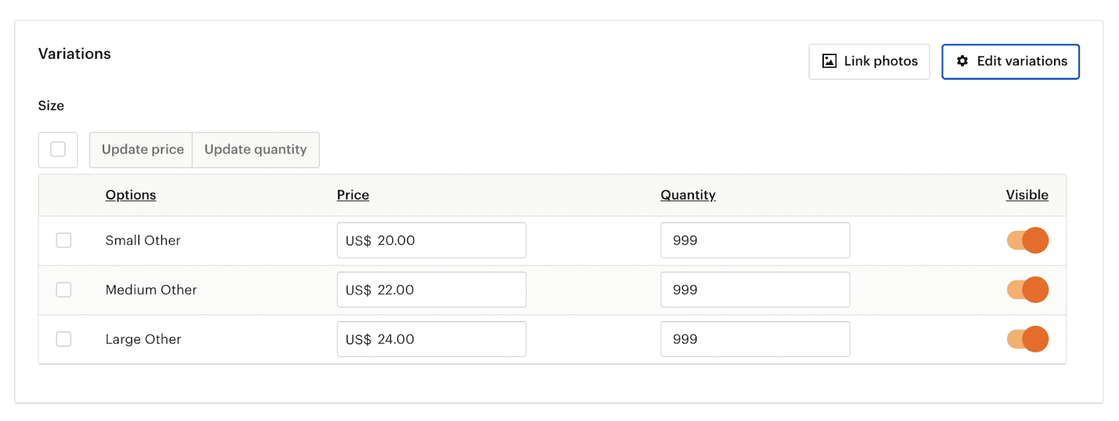 Etsy variation table assigning different prices and quantities to small, medium, and large sizes