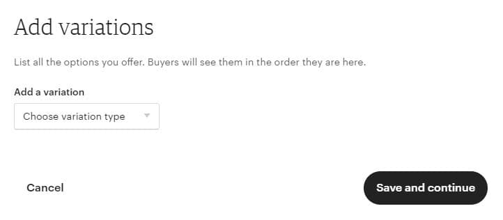 Etsy Add variations dialog with a variation type selector and Save and continue button