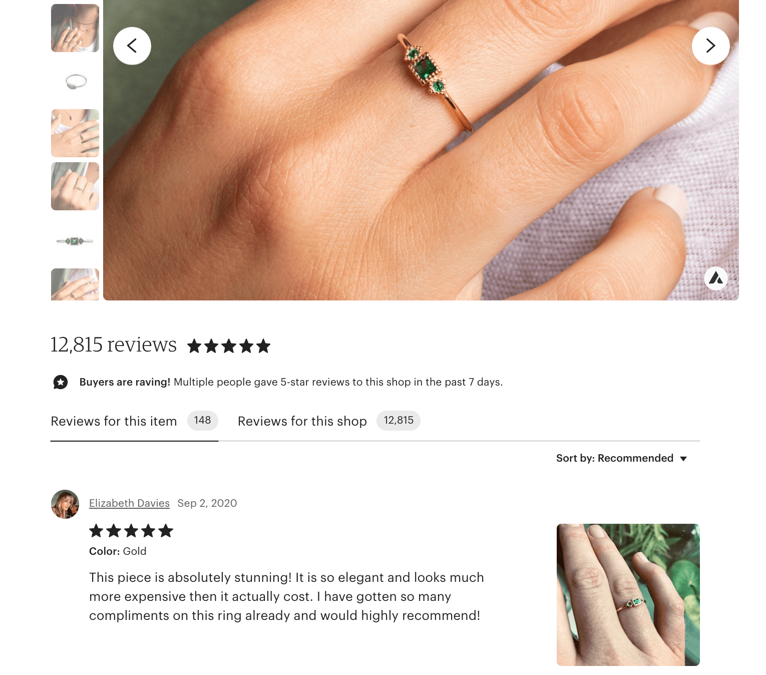 Emerald ring listing with a five-star customer review and buyer photo