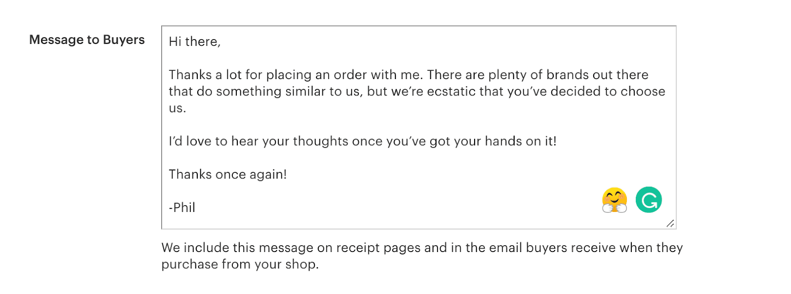 Etsy Message to Buyers field containing a thank-you note and request for feedback