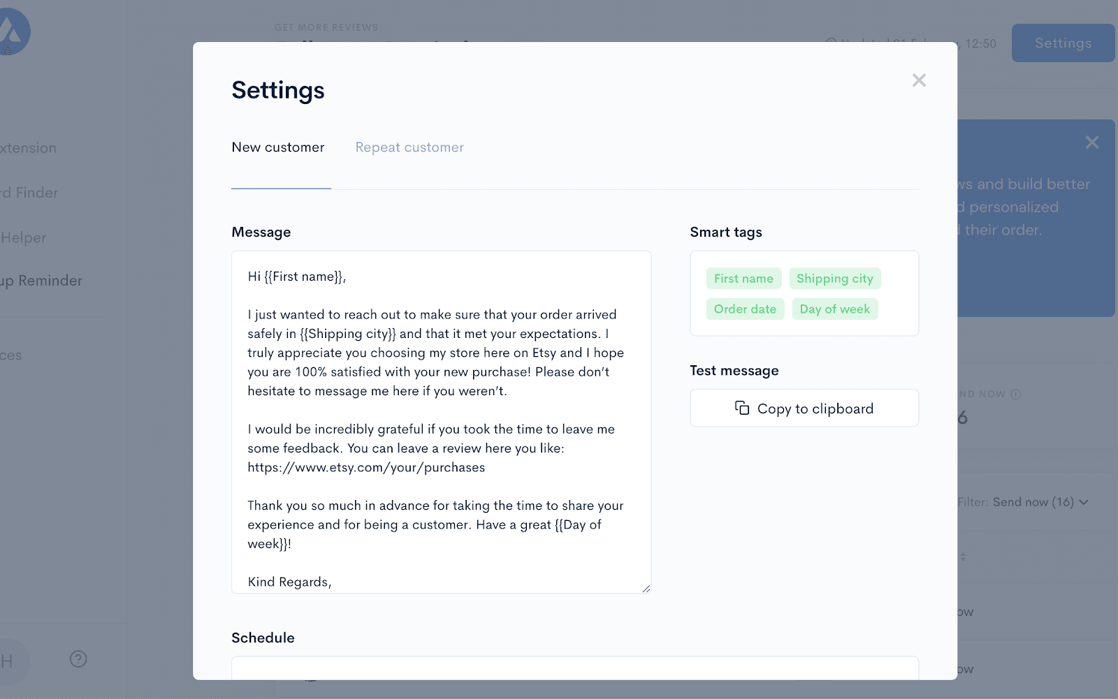 Alura follow-up message settings with personalized smart tags and a review request template