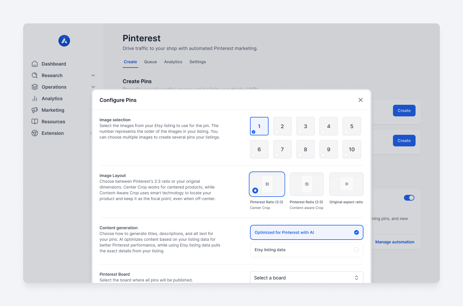Alura Configure Pins dialog with image selection, cropping, content generation, and board settings