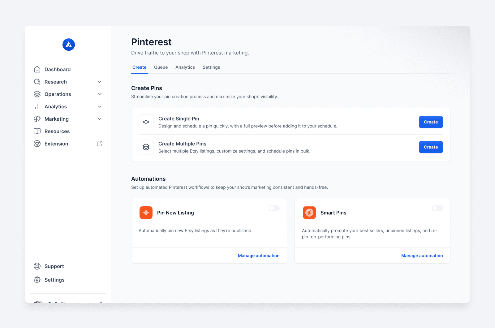 Alura Pinterest dashboard offering single pins, bulk pins, and automated pinning