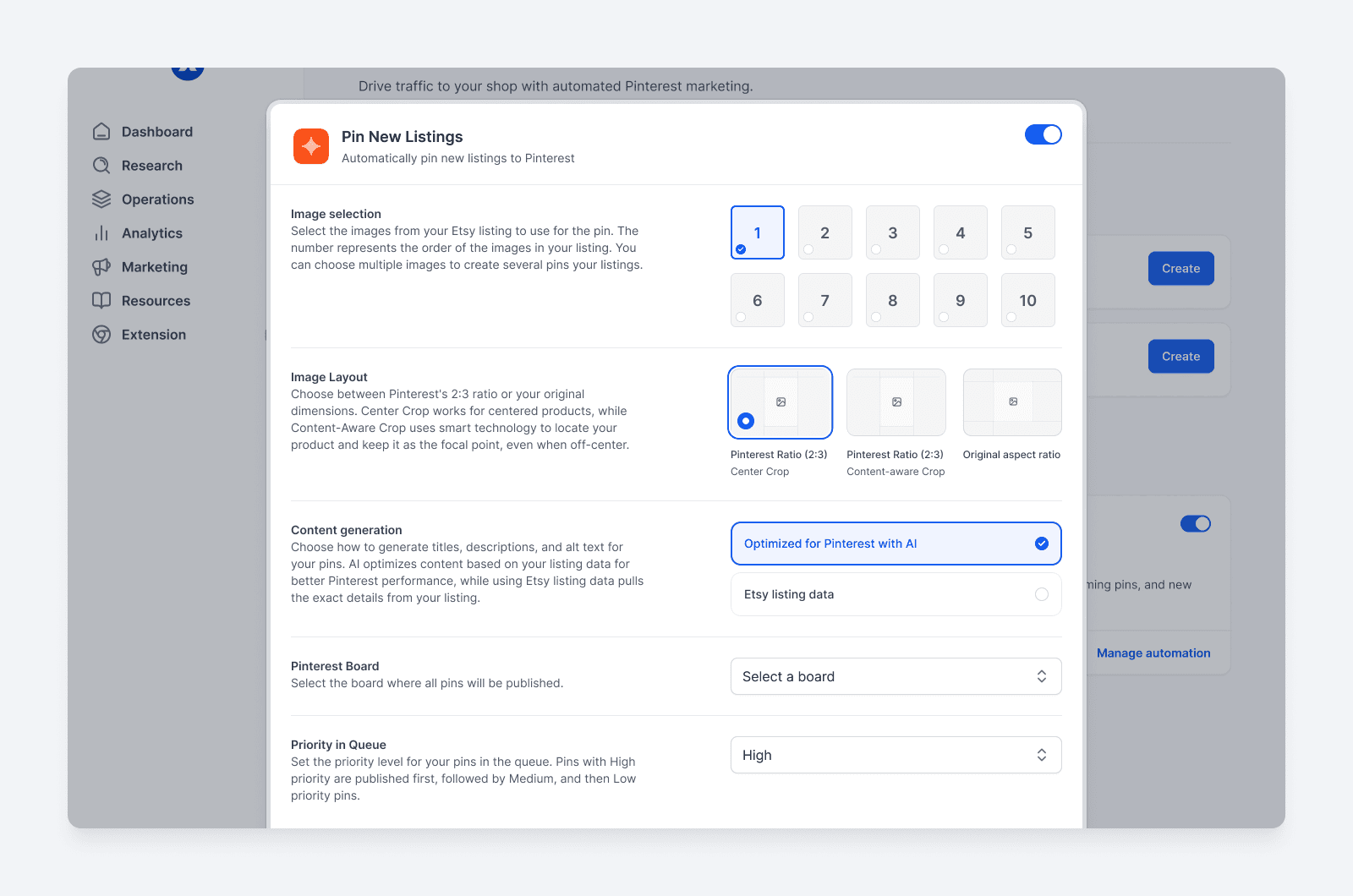 Alura Pin New Listings automation enabled with image, board, and queue priority settings