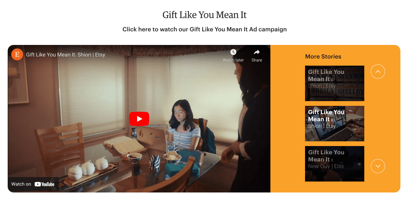 Etsy Gift Like You Mean It campaign page featuring a video and related stories